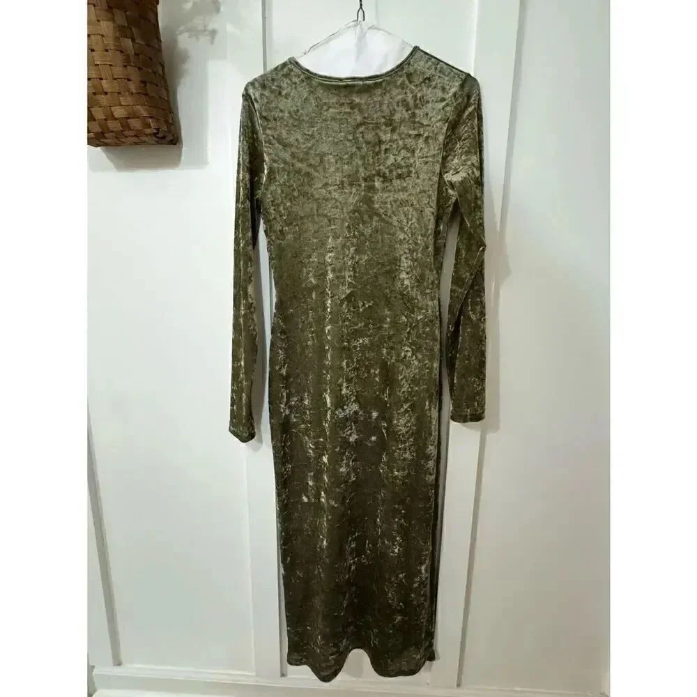 See You Monday Olive Green Crushed Velvet Long Sleeve Maxi Dress - Picture 2 of 4